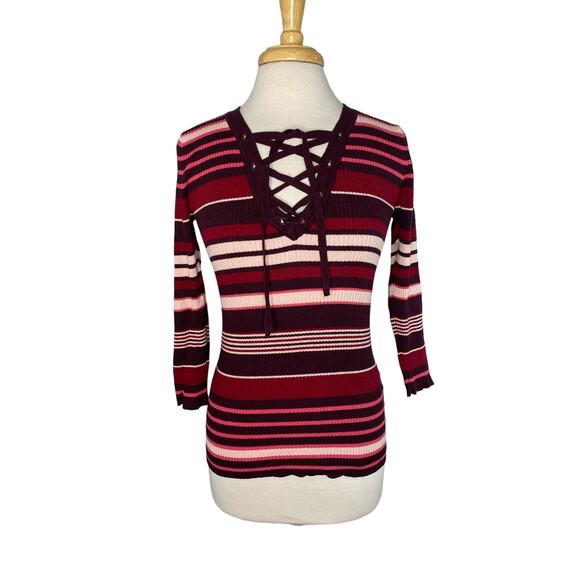NEW YORK & CO Ribbed Knit Stripe Lace Up Long Sleeve Top Size Small Pink Purple - Picture 1 of 10